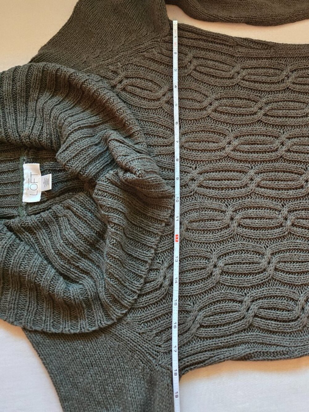 LOFT Cowl Collar Cable Knit Sweater Medium Olive Gray - Picture 5 of 13